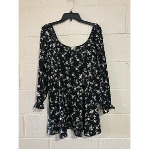 Inspired Hearts Women's Mini Dress Black & White Floral, Long Sleeves, Ruffled L
